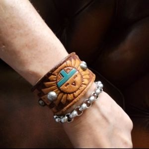 Zuni Sunface Leather Cuff Bracelet
